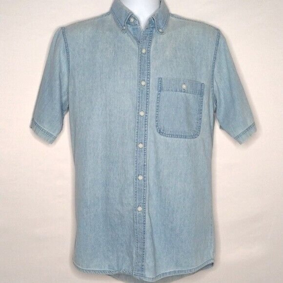 Faded Glory Light Wash Worn Look Y2K Short Sleeve Button Up Shirt Men Small - Picture 2 of 8